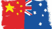 China and Australia parts of flags, painted and smudged.