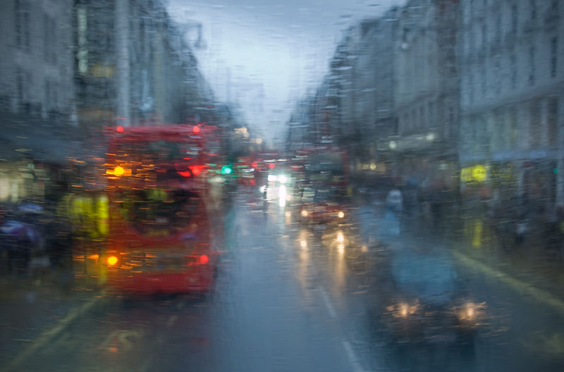 Rainy London view from bus window in the rain.
