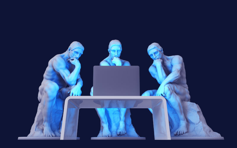 Three Thinkers Sitting In Front Of A Computer Screen. 3D Illustration.