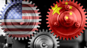 China and US of America flags on metal gears.