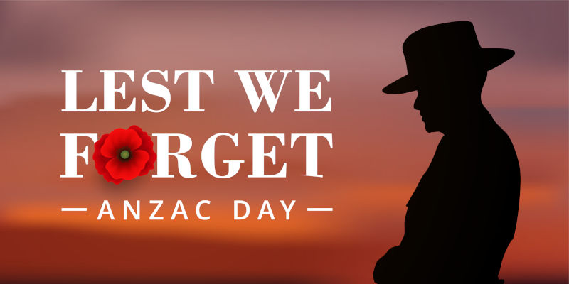 Anzac Day Banner with silhouette of soldier paying tribute and poppy flower.