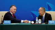 Australia's former trade minister Craig Emerson and China's former foreign minister Li Zhaoxing shake hands at the 7th China-Australia High Level Dialogue at the Diaoyutai State Guesthouse in Beijing, China September 7, 2023. Image: AAP/REUTERS/Florence Lo/Pool