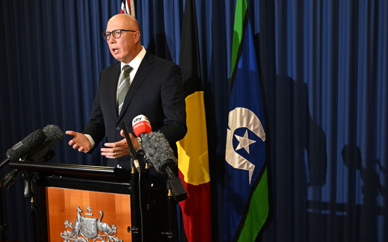 Leader of the Opposition Peter Dutton speaks to the media during a press conference in Brisbane, Tuesday, April 11, 2023. Shadow Attorney-General Julian Leeser has resigned from shadow cabinet and will sit on the backbench after the Liberals resolved to oppose the voice referendum. Image: AAP/Darren England