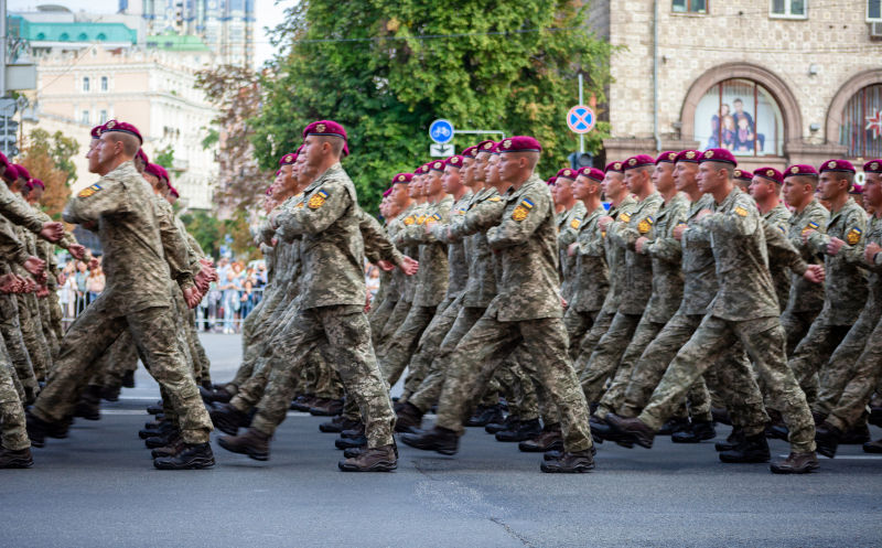 Ukraine, Kyiv - August 18, 2021: Airborne forces. Ukrainian military. There is a detachment of rescuers. Rescuers. The military system is marching in the parade. March of the crowd. Army soldiers.