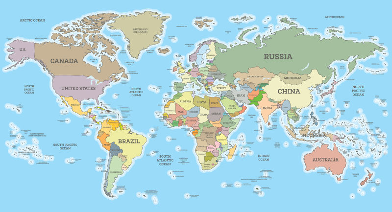 World Map with Borders and Countries. Vector Illustration. Cylindrical Projection.