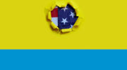 State flag of Ukraine. A hole in yellow against a blue background from a military shell. Conflict between the US, NATO and Russia in Ukraine. A piece of the American flag on the background.