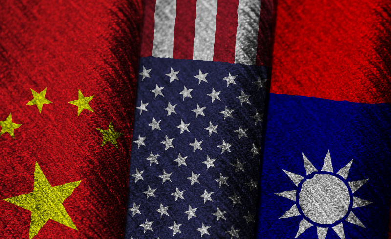 Flags of China, USA and Taiwan.