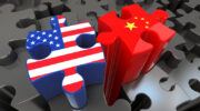 USA and China flags on puzzle pieces. Political relationship concept. 3D rendering