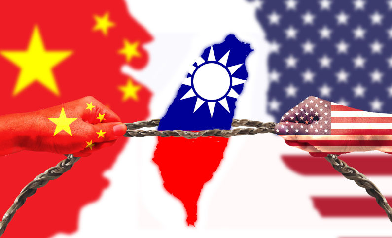 Taiwan flag in tug of war. Describe the concept of U.S.-China competition and the importance of Taiwan
