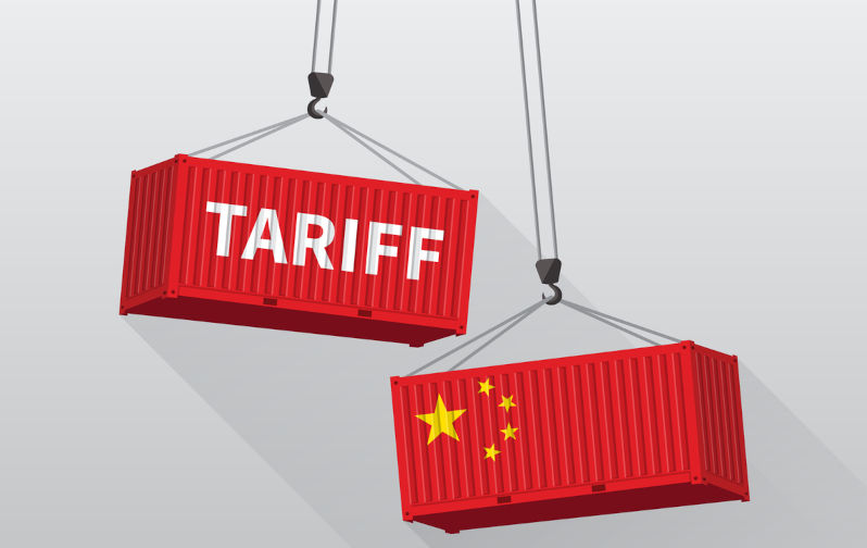 Port crane lift cargo containers with China tariff trade war concept.