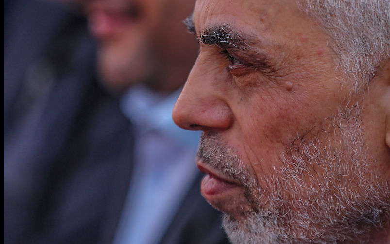 Senior Hamas leader in Gaza Strip, Yahya Al-Sinwar attends a Hamas rally marking Al-Quds Day, or 'Jerusalem Day', in Gaza City on, 14 April 2023. Al-Quds Day was started in 1979 by the late Ayatollah Khomeini, founder of the Islamic Iranian republic, who called on the world's Muslims to show solidarity with Palestinians on the last Friday of the fasting month of Ramadan. Image: AAP/ EPA/MOHAMMED SABER