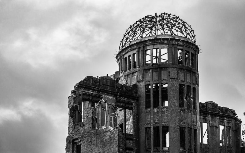 Black and white view of A-Bomb Dome or Genbaku Dome at Hiroshima Peace Memorial Park, UNESCO World Heritage Site, Japan.