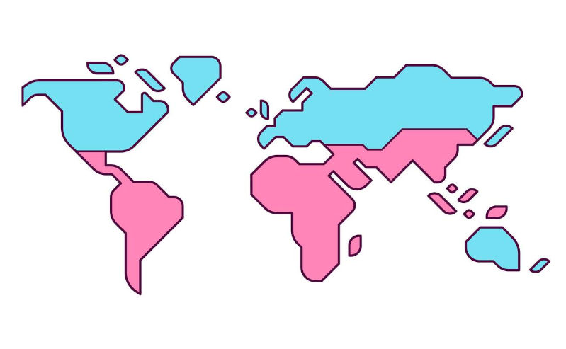Simplified world map with Global North and Global South divide. Modern flat vector infographic, clip art illustration. Contributor: Sudowoodo / Alamy Stock Vector