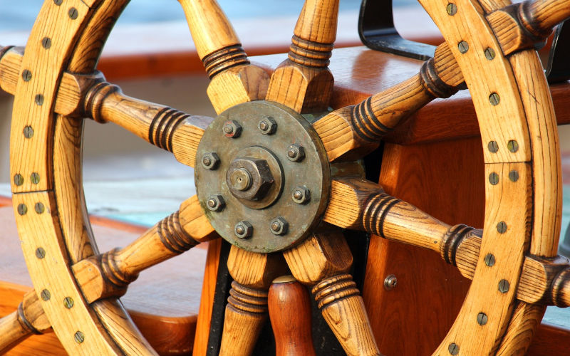 Steering wheel on a ship.