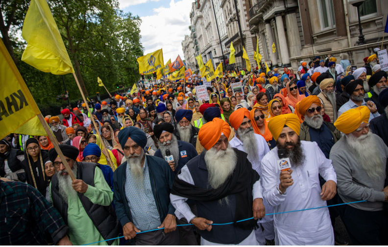 London, UK, 16th June 2024. British Sikhs march through Central London to commemorate the 40th anniversary of the Amritsar Golden Temple massacre. Credit: James Willoughby/Alamy Live News. Contributor: James Willoughby / Alamy Stock Photo Image ID: 2XCDE8P