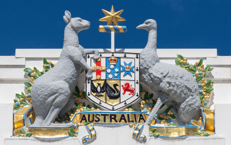 Australian Royal Coat of Arms on Old Parliament House (Museum of Democracy), King George Terrace, Canberra, Australian Capital Territory, Australia. Contributor: Greg Balfour Evans / Alamy Stock Photo Image ID: 2X2D619