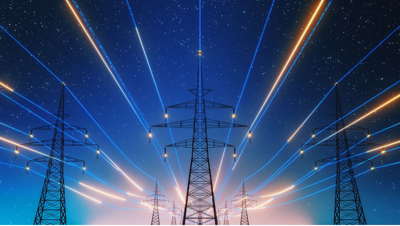 3D Render Of Power Transmission Lines with 3D Digital Visualisation of Electricity. Fantastic Visuals of Night Sky Full of Bright Stars. Concept of Renewable Green Energy Powering Human Progress.