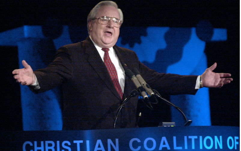 Rev. Jerry Falwell speaks during the Christian Coalition of America Road to Victory 2000 conference. Contributor: Panthera / Alamy Stock Photo Image ID: BR1R00