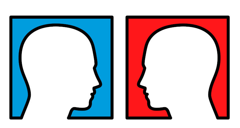 Opposition - two persons looking at each other, with blue and red background, symbolic for competition, rivalry, antagonist, opposer or disputer. Contributor: Peter Hermes Furian / Alamy Stock Photo Image ID: JBW300