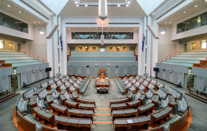 Interior view of the House of Representatives in Parliament House, Canberra, Australia. Contributor: Simon Crumpton / Alamy Stock Photo Image ID: FYDB40
