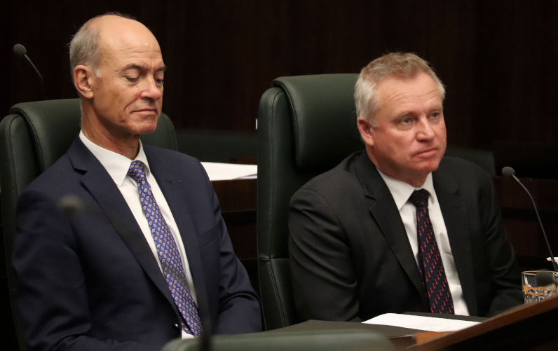 Tasmanian Deputy Premier Guy Barnett and Premier Jeremy Rockliff at the Parliament of Tasmania in Hobart, Tuesday, June 10th, 2025. Voters in Tasmania are set to head to the polls for the fourth time in seven years, after its premier vowed not to resign after losing parliament's support. Image: AAP /Ethan James