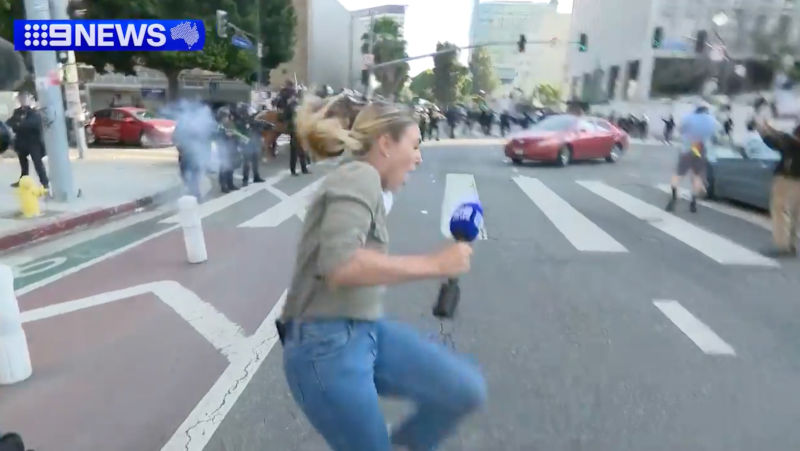 A supplied image obtained on Monday, June 9, 2025, of 9News US Correspondent Lauren Tomasi after being hit by a rubber bullet fired by a police officer during violent protests in Los Angeles amid immigration raids. Image: AAP /Supplied 9News Australia