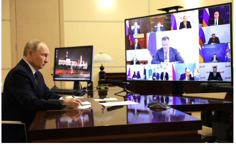 Novo-Ogaryovo, Russia. 04th June, 2025. Russian President Vladimir Putin chairs a remote meeting with members of his government from the Novo-Ogaryovo state residence, June 4, 2025 in Moscow Oblast, Russia. Credit: Gavriil Grigorov/Kremlin Pool/Alamy Live News Contributor: Planetpix / Alamy Stock Photo Image ID: 3BGB0G6