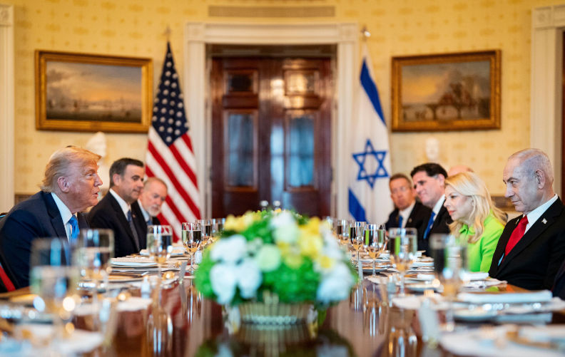 07th July, 2025. Washington, United States Of America. US President Donald Trump, centre left, and Israeli Prime Minister Benjamin Netanyahu, centre right, during a dinner in the Blue Room of the White House in Washington, DC, US, on Monday, July 7, 2025. Israeli Prime Minister Benjamin Netanyahu told President Donald Trump he nominated him for the Nobel Peace Prize, using a visit to the White House to further cement the pair's relationship as the US presses for a ceasefire in Gaza. Credit: Al Drago/Pool via CNP Photo via Credit: Newscom/Alamy Live News. Contributor: Newscom Image ID: 3BPD256