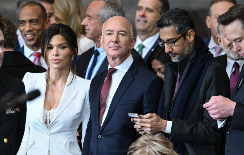 Washington, United States. 20th Jan, 2025. (L-R) Lauren Sanchez, Amazon founder Jeff Bezos, Google CEO Sundar Pichai and Tesla and SpaceX CEO Elon Musk attend the inauguration ceremony before Donald Trump is sworn in as the 47th US President in the US Capitol Rotunda in Washington, DC, on January 20, 2025. Photo by SAUL LOEB/POOL/CNP/ABACAPRESS.COM Credit: Abaca Press/Alamy Live News. Contributor: Abaca Press / Alamy Stock Photo Image ID: 2S810JR