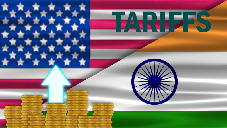 Indian flag on USA flag with tariffs Import export trade policy by government. Image: iStock / SC STUDIO