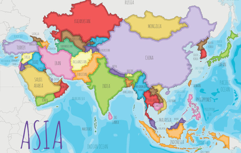 Political Asia Map vector illustration with different colours for each country. Editable and clearly labeled layers. Image: Alamy ,Contributor: asantosg Image ID: 2HM9K6T