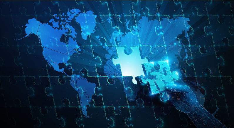 Lowpoly Hand Resolve World Map Puzzle. Abstract geometric illustration on geopolitical synergy partnership, global crisis management concept by wireframe mesh on blue background. Image: iStock / artacet