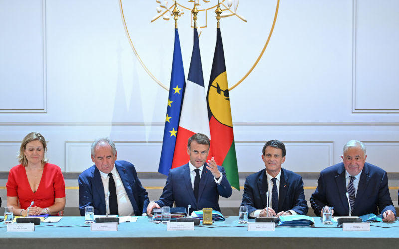 President of the French National Assembly Yael Braun-Pivet, French Prime Minister Francois Bayrou, French President Emmanuel Macron, French Minister of Overseas Manuel Valls, President of the French Senate Gerard Larcher and Private secretary of the French President Patrice Faure at a meeting with all the territory's political players and representatives of New Caledonian civil society at the Palais de L'ElysÃ©e on the occasion of the opening of the summit for the future of New Caledonia on July 2, 2025 in Paris. Image: AAP/Tomas Stevens/ABACAPRESS.COM.