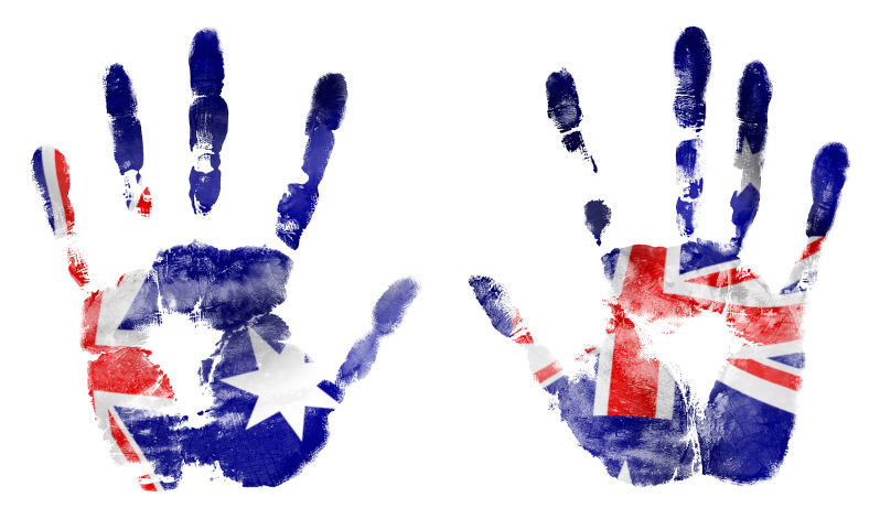 The imprint two hands in the colours of Australian flag. Image: iStock / Dmitriy Muravev