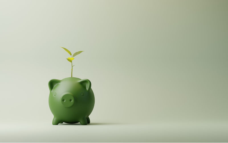 Plant growing out of Green Piggy Bank Saving concept. Minimal 3d rendering. Image: iStock / Alessandra Indino