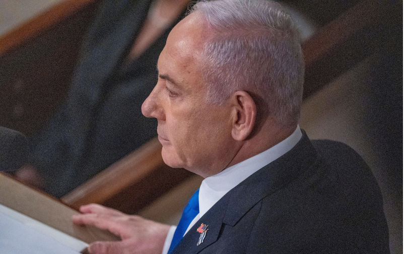 Washington, United States. 24th July, 2024. Israeli Prime Minister Benjamin Netanyahu addresses a joint meeting of Congress on Capitol Hill in Washington, DC on Wednesday, July 24, 2024. Netanyahu is seeking bipartisan support for Israel just days after President Joe Biden announced he would end his re-election bid. Photo by Ken Cedeno/UPI Credit: UPI/Alamy Live News. Contributor:UPI. Image ID:2XKWB7F