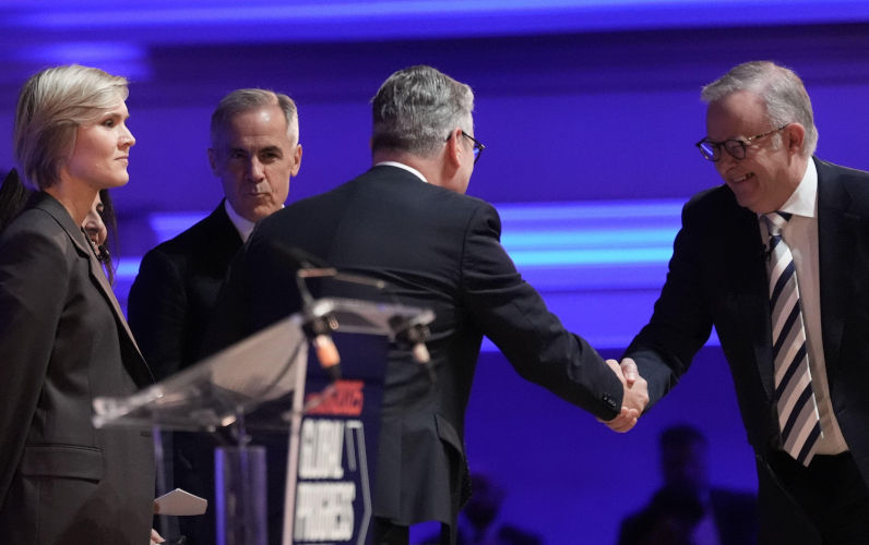 (left to right) Prime Minister of Iceland Kristrun Frostadottir, Prime Minister of Canada Mark Carney, Prime Minister Sir Keir Starmer, and Prime Minister of Australia Anthony Albanese taking part in 'In Conversation: Governing for Working People' during the Global Progress Action Summit, at Methodist Central Hall in Westminster, London. Picture date: Friday September 26, 2025. Image: Alamy. Contributor:PA Images. Image ID:3CPGBRT