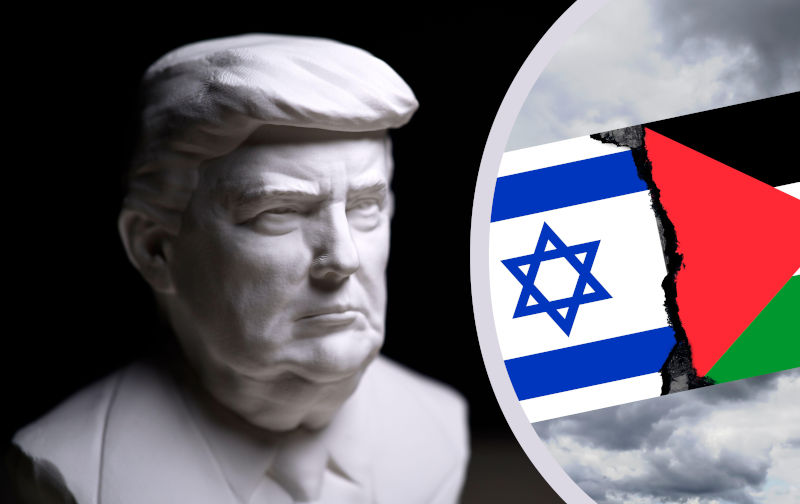 Bust of US President Donald Trump with flags of Israel and Palestine, symbolic photo for a possible US control of the Gaza Strip, photomontage. Image Alamy. Contributormauritius images GmbH. Image ID3AD1X7J