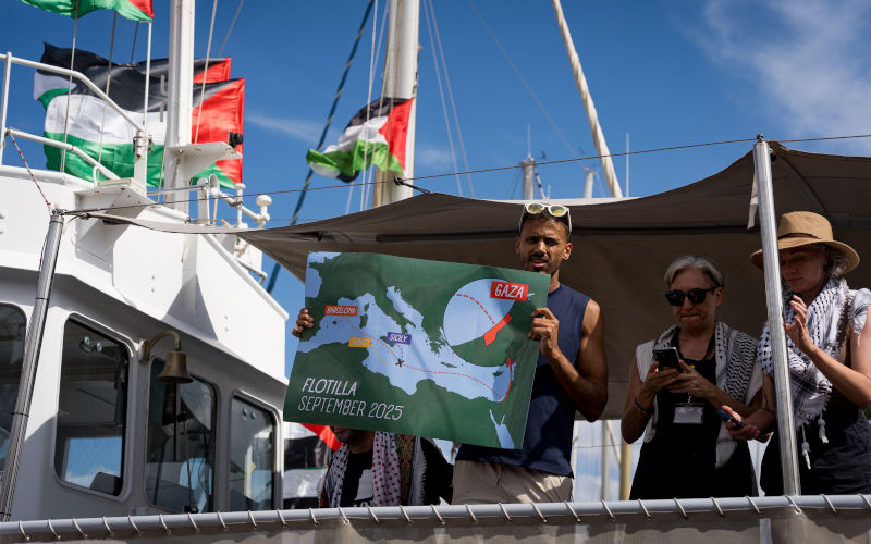 Barcelona, Spain 31 August 2025 People are seen on a boat of Global Sumud Flotilla from the Port of Barcelona directed to Gaza in an attempt to deliver. Image Alamy. Contributor davide bonaldo. Image ID3CKK6XK