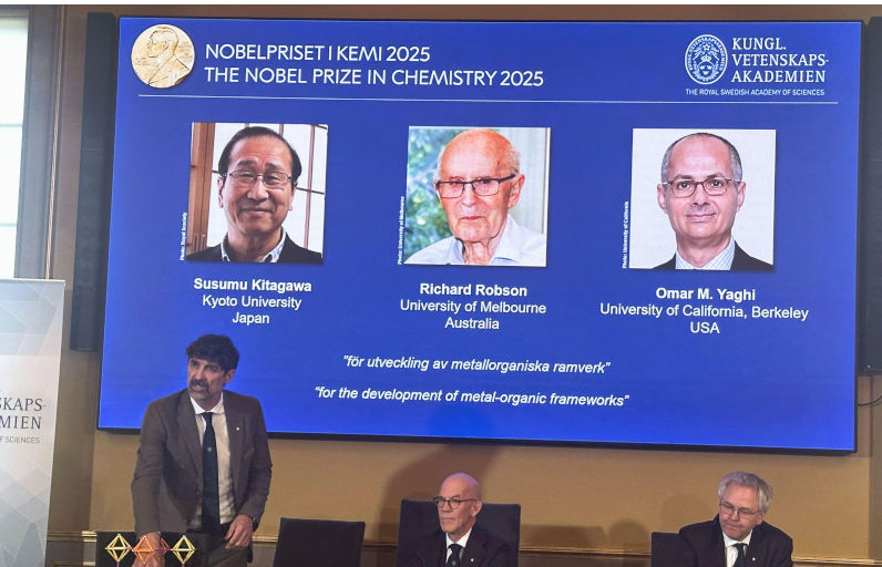 The Royal Swedish Academy of Sciences announces the three winners of the Nobel Prize in chemistry Susumu Kitagawa of Kyoto University, Richard Robson of the University of Melbourne and Omar Yaghi of the University of California, Berkeley in Stockholm on Oct. 8, 2025. (Kyodo)==Kyodo Photo via Credit Newscom/Alamy Live News. ContributorNewscom. Image ID3CTY7TE