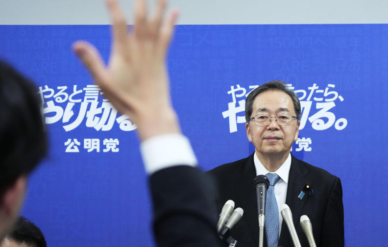 Komeito leader Tetsuo Saito attends a press conference in Tokyo on Oct. 10, 2025, following the partys decision to withdraw from its coalition framework with the ruling Liberal Democratic Party. (Kyodo)==Kyodo Photo via Credit Newscom/Alamy Live News. ContributorNewscom. Image ID3CW5N4X