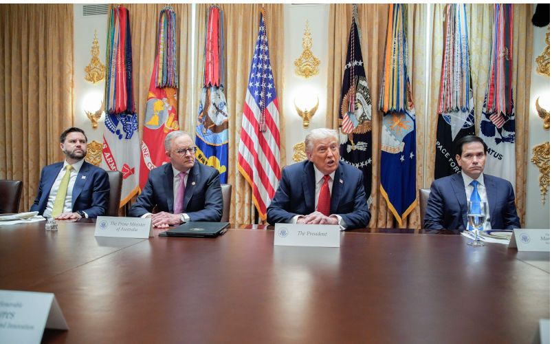 Washington Dc, United States. 20th Oct, 2025. United States President Donald J Trump meets with Prime Minister Anthony Albanese of Australia in the Cabinet Room of the White House in Washington, DC, USA, on October 20, 2025. The two leaders signed a multi billion dollar, rare earth and critical minerals deal involving the mining, processing and export of these minerals between Australia and the US. Pictured from left to right US Vice President JD Vance, PM Albanese, President Trump, and US Secretary of State Marco Rubio. Photo via Credit Newscom/Alamy Live News. Image Alamy. ContributorNewscom. Image ID3D0013F