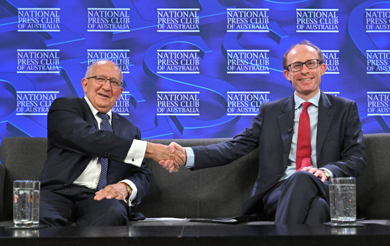 Australian expert on international human rights Chris Sidoti and United Nations Special Rapporteur Professor Ben Saul at the National Press Club in Canberra, Wednesday, October 1, 2025. Image:AAP /Mick Tsikas