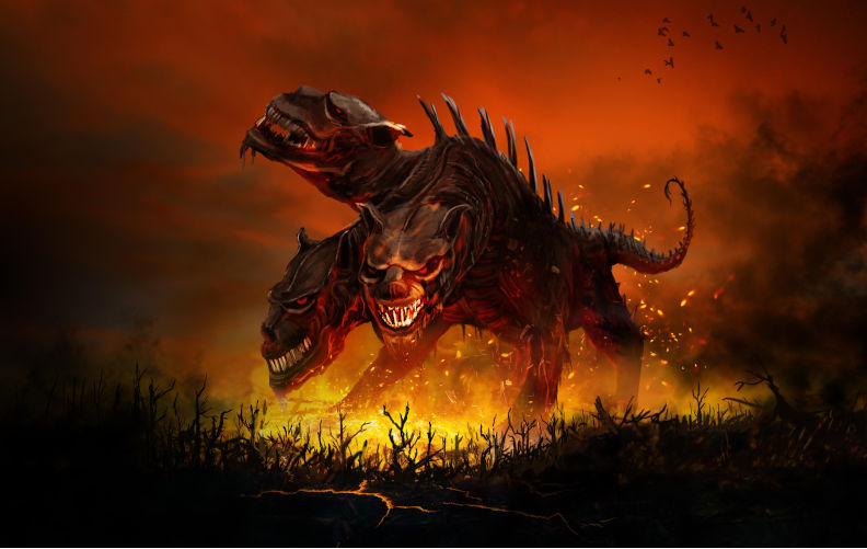 Scary Cerberus guards the entrance to hell. Image Alamy. ContributorOleksii Lashyn. Image IDHWE3J9