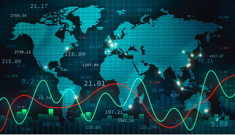 Illustration with the world map, infographics and numbers. International finance, trade and economy concept.Image iStock / Creditlibre de droit