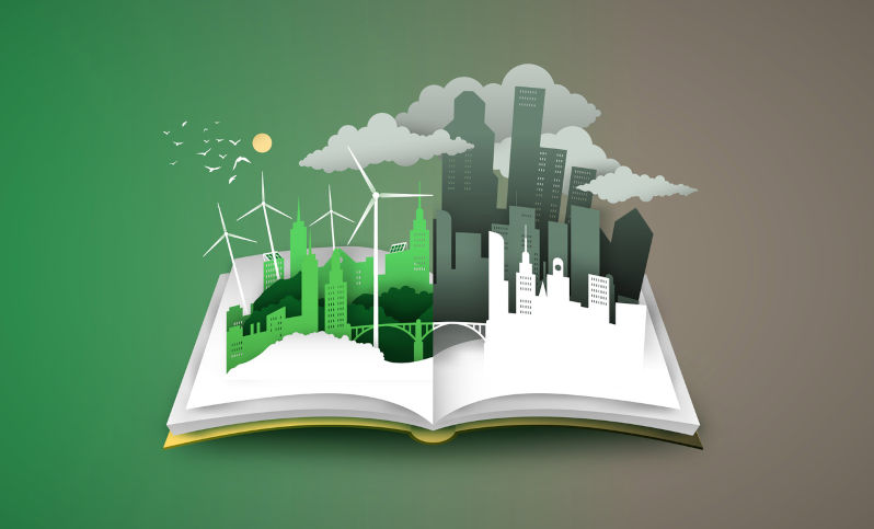 Open book of green and dirty city landscape in 3d paper cut style. Good, bad town with clean energy or pollution. Different lifestyle papercut illustration for ecofriendly campaign. Image iStock / Creditcienpies