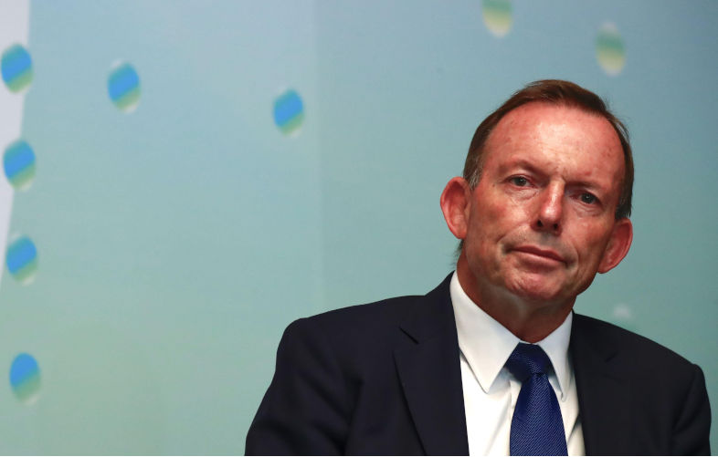Former Australia Prime Minister Tony Abbot speaks to the media during a press conference after attending a forum on technolog. (Photo by Ceng Shou Yi/NurPhoto) Image Alamy ContributorNurPhoto SRL. Image ID2KCP9PA