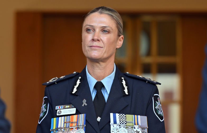 Incoming Australian Federal Police (AFP) Commissioner Krissy Barrett at a press conference at Parliament House in Canberra, Monday, August 4, 2025. (AAP Image/Mick Tsikas) NO ARCHIVING