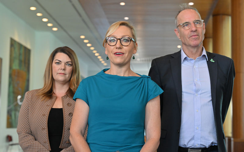 Greens Senators Sarah Hanson Young, Larissa Waters and Nick McKim at a press conference at Parliament House in Canberra, Thursday, November 27, 2025. AAP Image Mick Tsikas