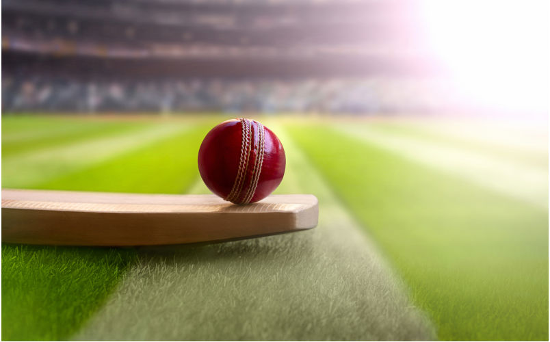 Cricket leather ball resting on bat on the stadium pitch. Image iStock CreditImageCraft Co
